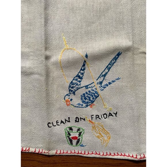 Vintage Clean on Friday Hand Embroidered Bird on Swing Hand Towel - Picture 1 of 8